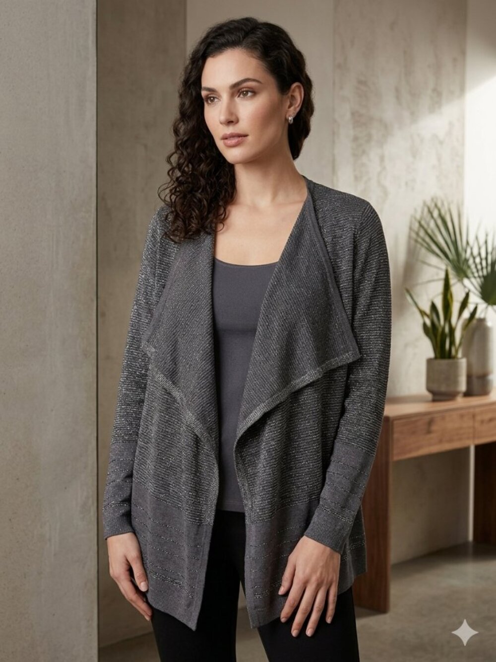 Calvin Klein Lurex Waterfall Open Front Cardigan Size L Gray Silver Metallic EUC